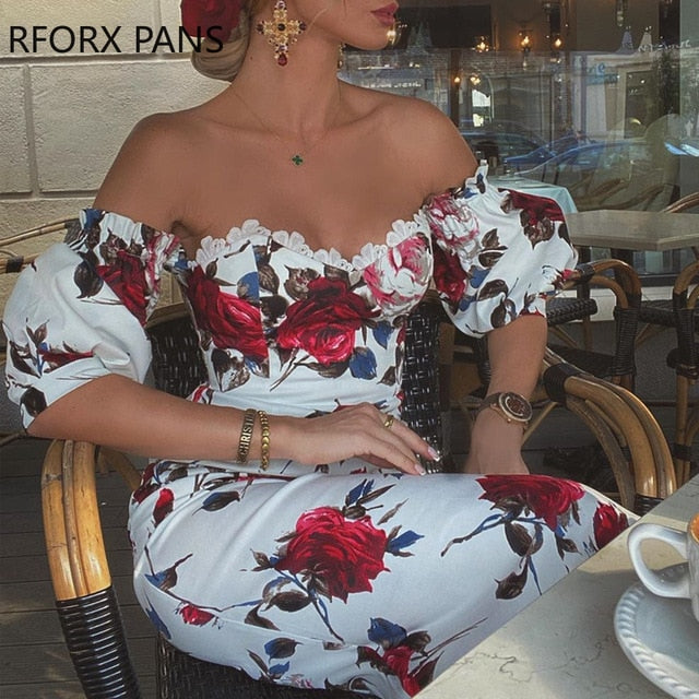 Off-Shoulder Sleeve Floral Print Dress