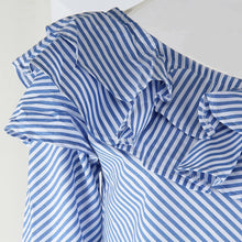 Women's  One-Shoulder Blue and White Ruffled Top