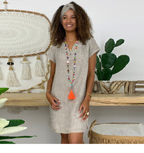 Casual V Neck Cotton Dress