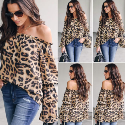 Off-Shoulder Long-Sleeve Leopard Printed Ladies Top