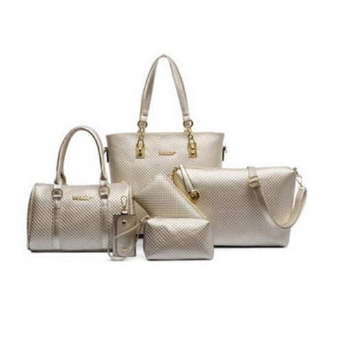 6 Pcs / Set Fashion Women's PU Leather Diamond Lattice Print Handbag