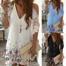 Floral V-Neck Open Shoulder Lace Trim Dresses