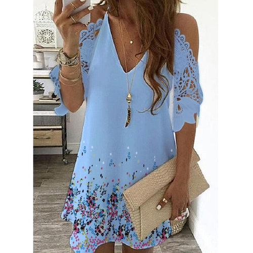 Floral V-Neck Open Shoulder Lace Trim Dresses