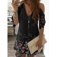 Floral V-Neck Open Shoulder Lace Trim Dresses