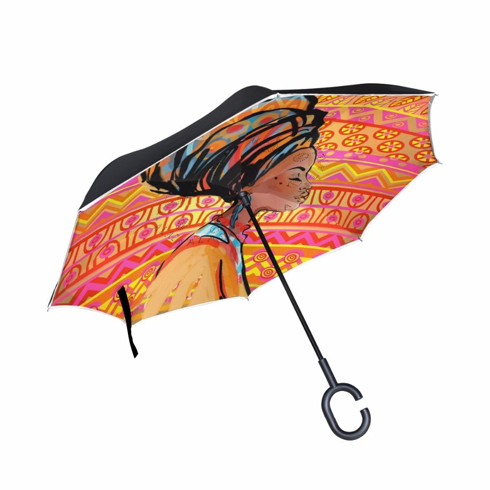 African Woman Print C-Handle Umbrella