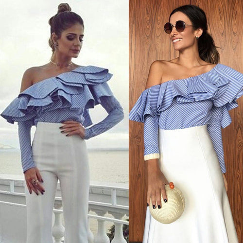 Women's  One-Shoulder Blue and White Ruffled Top